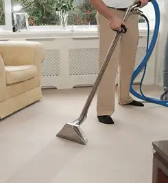 Professional carpet cleaner using a hot-water extraction wand and hose machine in a living room in Duluth, MN.