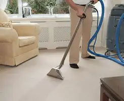 Carpet cleaning professional removing dirt and stains with a hot-water extraction tool in a home, Duluth, MN.