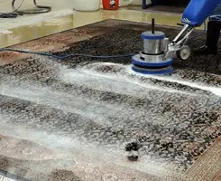 Professional rug cleaning with a rotary floor machine and shampoo foam, deep-cleaning an area rug, in Duluth, MN.