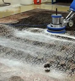 Professional rug cleaning with a rotary floor machine and shampoo foam, deep-cleaning an area rug Duluth, MN.
